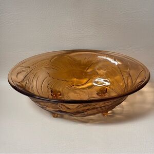 Vintage Pink Tiara Glass Oval Footed Centerpiece Fruit Bowl with Birds Paradise